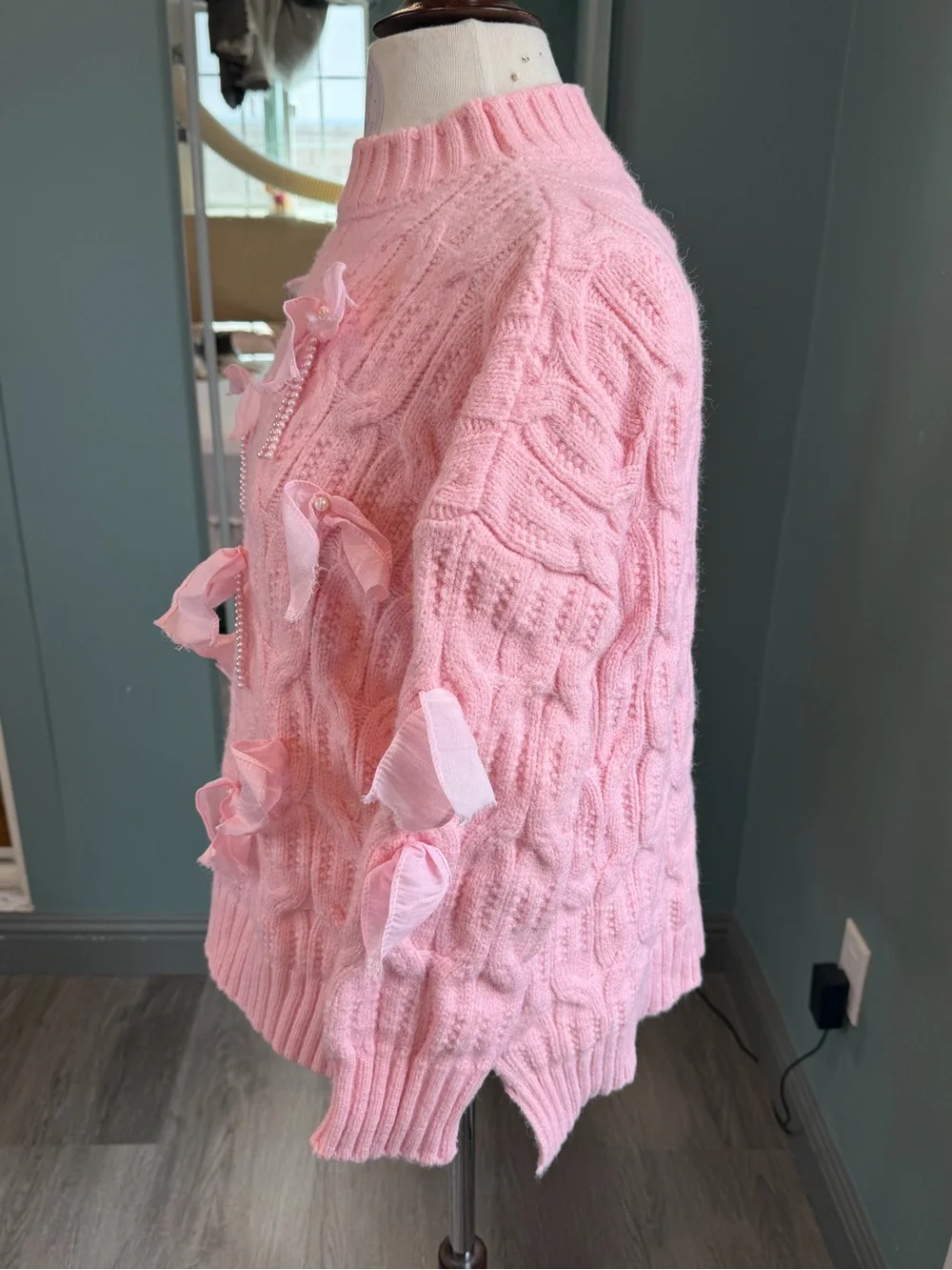 Y2K Pink 3D Floral Pearl Cable Knit Oversized Sweater Coquette XS/S